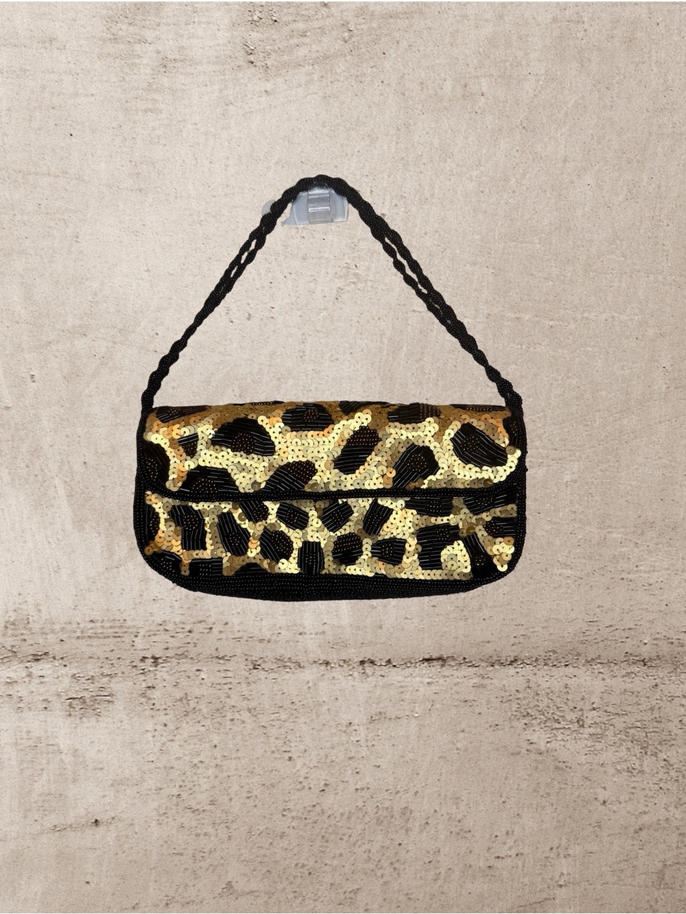 Inge Christopher Sequin Beaded Leopard Print Clutch Shoulder Bag Black Gold - Picture 2 of 13